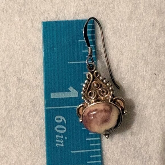 Vintage Intricate Sterling Silver Scroll French Hook Oval Jasper Dangle Earrings - Picture 7 of 7